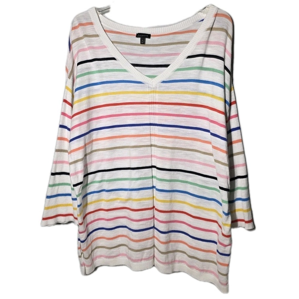 Talbots Womens Sz XL 100% Cotton Colorful Rainbow Striped 3/4 Length Sleeve Top